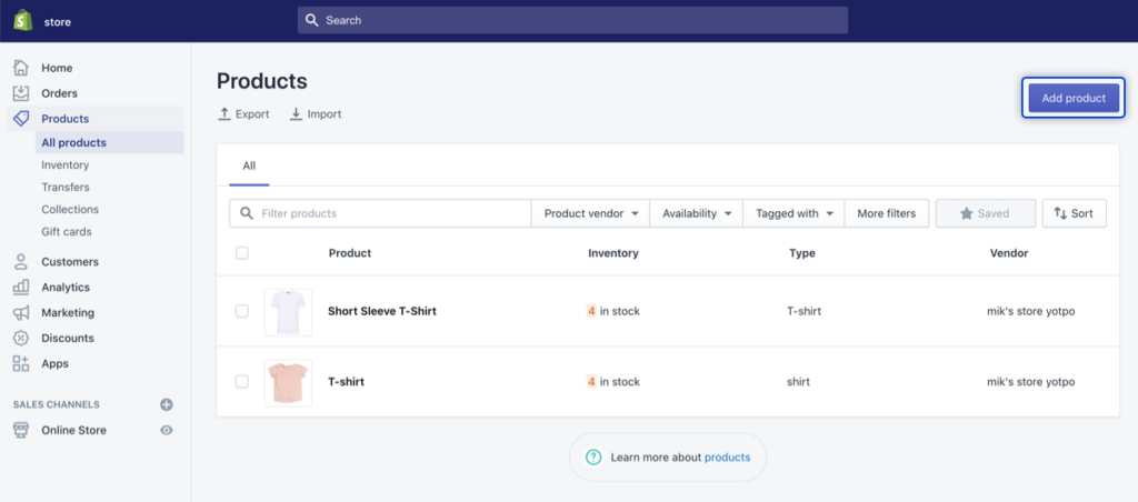 Shopify products listing
